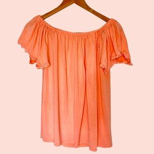 Coral off the shoulder flutter sleeve blouse